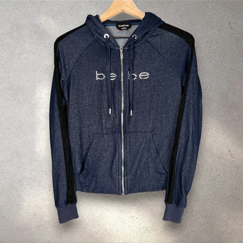 Bebe Rhinestone Logo Zip Hoodie Women’s Small Dark Blue Y2K 2000 Retro Lace Trim